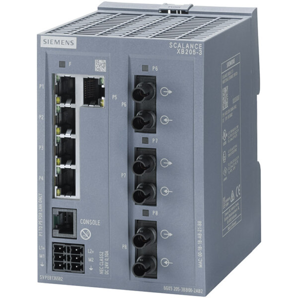 Switch công nghiệp 5 cổng RJ45 10/100 Mbps + 3 cổng MM FO ST + 1 cổng quản lý (PROFINET) SCALANCE XB205-3 Managed & Layer 2 6GK5205-3BB00-2AB2