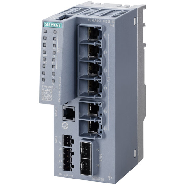 Switch công nghiệp 6 cổng PoE RJ45 10/100/1000 Mbps + 2 cổng SFP+ 1000/10000 Mbps + 1 cổng quản lý SCALANCE XC206-2G PoE Managed & Layer 2 6GK5206-2RS00-5AC2