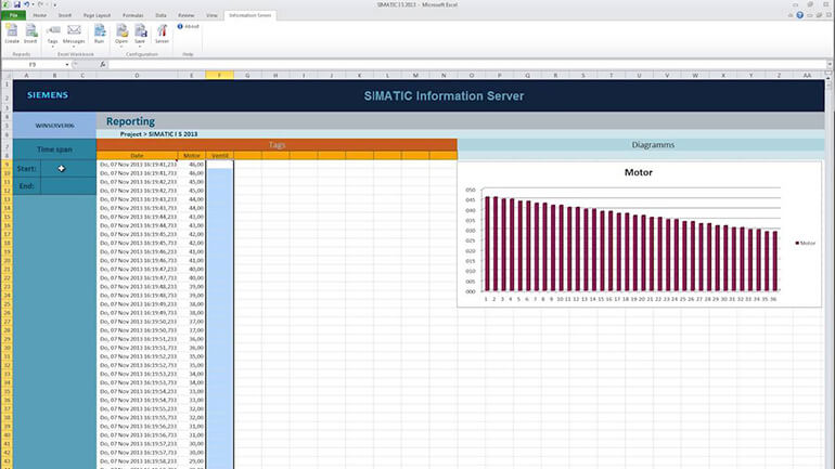 Giao diện báo cáo của SIMATIC Information Server trên Excel